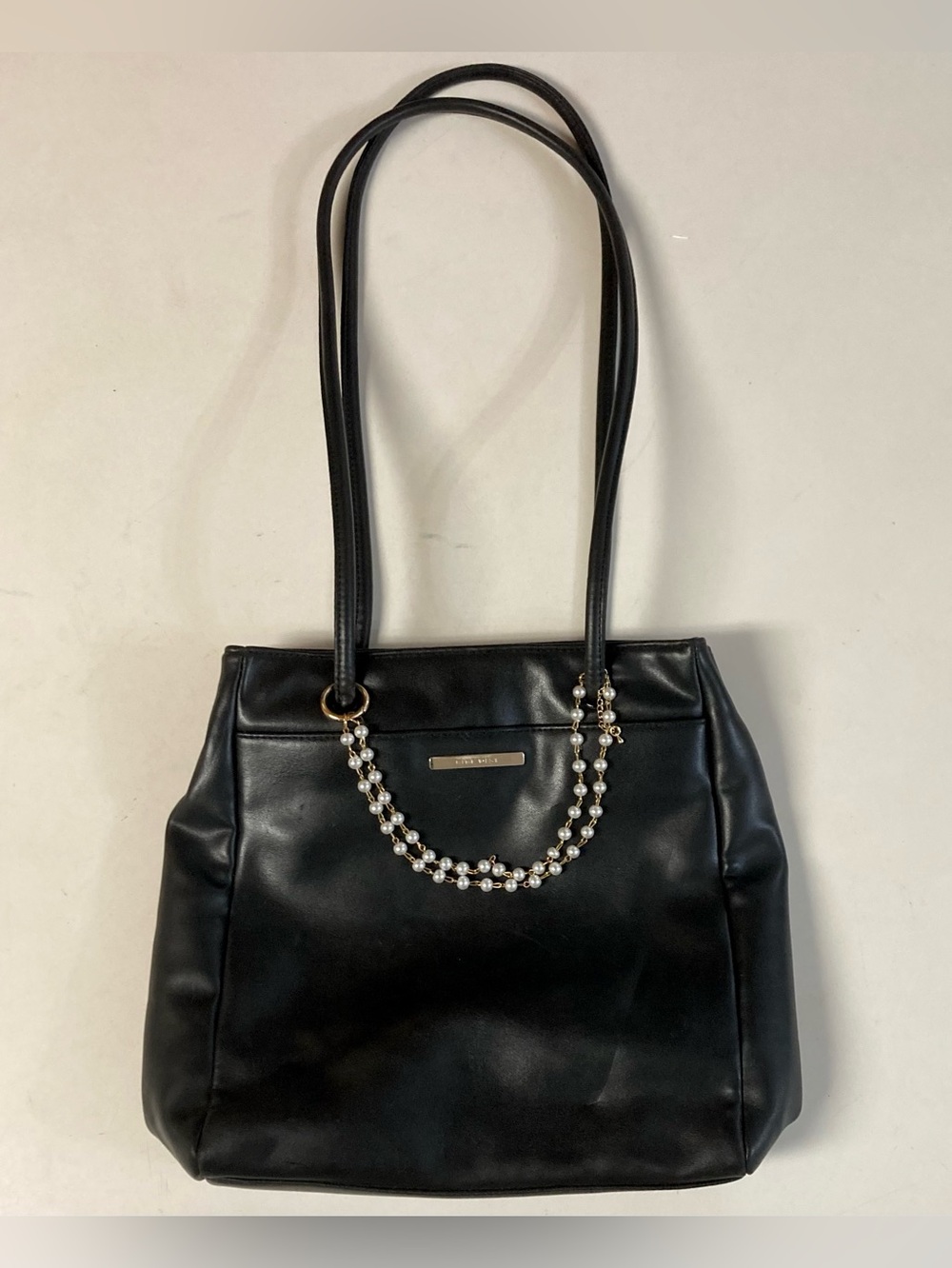 Black Women's Tote Bag with Pearl Chain Accent